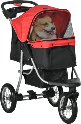 Productafbeelding van Hondenwagen, hondenbuggy, kattenbuggy, kinderwagen voor huisdieren. Met 3 wielen, inklapbaar. Geschikt voor honden en katten. Oxford, rood+zwart. Afmetingen: 109,5 x 54,5 x 106,5 cm