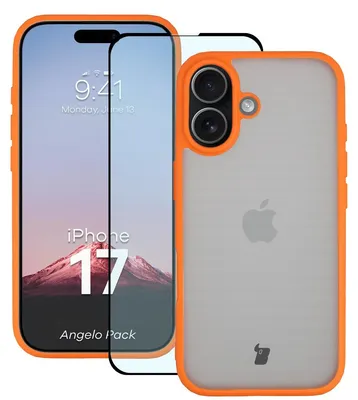Produktbild von Schutzhülle + gehärtetem Glas für iPhone 17, Bizon Angelo Pack, Semitransparent mit orangefarbenem Rahmen