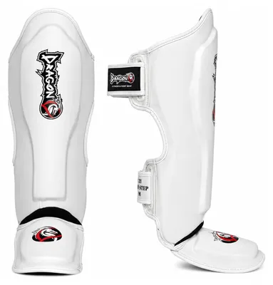 Image de Protège-tibias Dragon pour Muay Thai, kickboxing et MMA, pour hommes, femmes et enfants, offrant un ajustement parfait et un rembourrage idéal, également adaptés à d'autres sports de combat. Modèle 40721 (blanc, taille S)