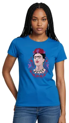 Produktbild von Spreadshirt Frida Kahlo Portrait Mit Blüten Lila Und Rot Frauen T-Shirt, M, Royalblau