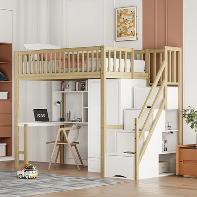 Image de MODFU Lit Mezzanine 90x200 cm - Lit Simple Avec Bureau Et Rangement, Lit Combiné En Bois Massif Contreplaqué + Pin, Lit Enfant, Sans Matelas, Naturel