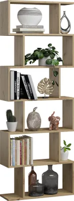 A multi-shelf wooden bookcase filled with various decorative items and books.