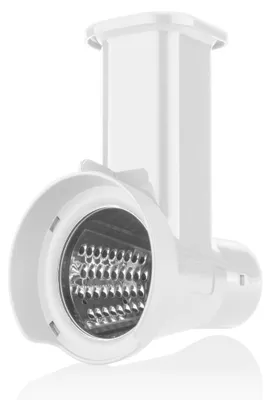 A white kitchen appliance attachment, likely a grater or food processor attachment, is shown against a white background.