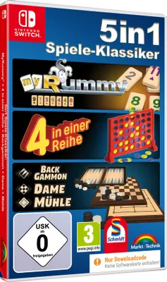 Produktbild von 5 in 1 Spiele Klassiker - myRummy - 4 in Reihe - Backgammon - Dame - Mühle - für die ganze Familie für Nintendo Switch