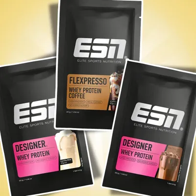 Imagen del producto de Paquete de prueba de proteína en polvo Designer Whey de ESN: 3 sabores diferentes + protección para el envío (Heartforcards)