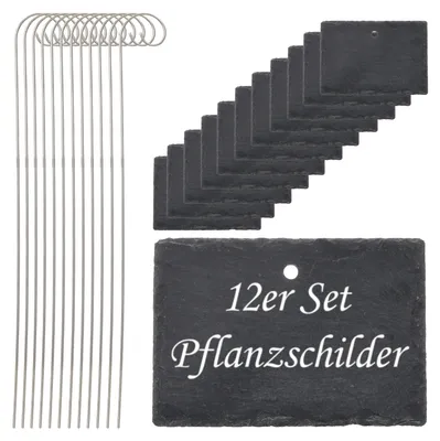 Produktbild von Gartenstecker Schieferschild 12er Set 10x40x4,5cm Edelstahl Schiefer Erdspieß Schilder zum Beschriften für Pflanzen Kräuter Beete