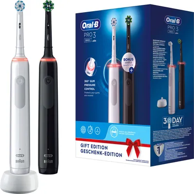 Produktbild von Oral-B Pro 3 3900 rotačná zubná kefka pre dospelých čierna, biela Oral-B Farba výrobku: čierna, biela, napájanie: batéria, použitie: Typ batérie: zabudovaná batéria, Typ zubnej kefky: pre dospelých: Počet režimov čistenia zubov: 3, Podpora mobilných aplikácií: 1, Rotačná zubná kefka, Zabudovaný časovač: Áno, Počet režimov čistenia zubov: 3: Počet priložených hlavíc: 2 ks, Nastaviteľná rýchlosť: Nie, Počet priložených zubných kefiek: 2 ks