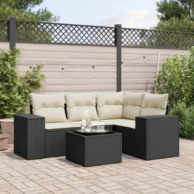 Produktbild von Design 5-tlg. Garten-Sofagarnitur mit Kissen Schwarz Poly Rattan, Gartenmöbel-Sets 2024 Neu