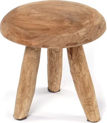 A wooden stool with three legs on a white background.