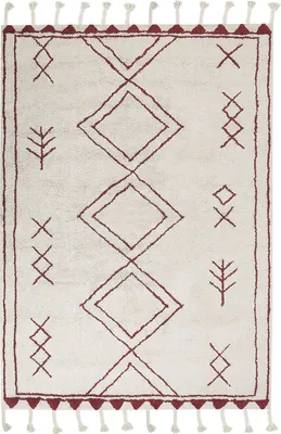 Produktbild von BELIANI Teppich Weiß/Rot aus Baumwolle 160 x 230 cm geometrisches Muster Rechteckig Kurzflor im Boho-Stil Wohn- und Schlafzimmer