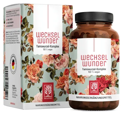 Produktbild von Wechseljahre Komplex mit Yamswurzel, Baldrian, Eisen, Vitamin B9 & B12 & Rotklee - WECHSELWUNDER - 90 vegane Kapseln - NATURTREU®