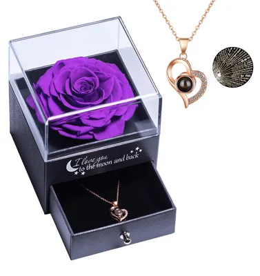 Echte konservierte Rose mit Liebeskette, lila, Geschenkbox
