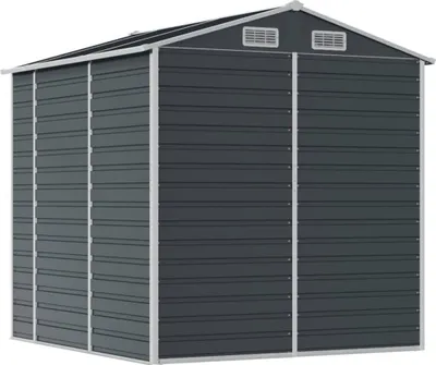 A dark gray metal shed with silver trim and vents on the roof, shown from a three-quarter angle against a white background.