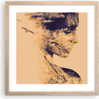 Produktbild von Gerahmtes Poster - Rahmen in heller Eiche - Frau Vögel Fotomontage - 40x40 cm - Wand Bild - Wanddeko - Wandbilder - Wandposter - Bilderrahmen - Bilder - Kunstdruck - Wandbild - P2NAC40x40-4246