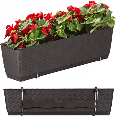 A brown rectangular planter filled with red flowers and green leaves, shown from two angles.