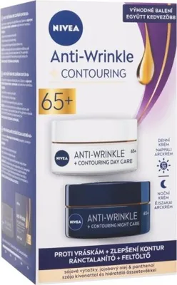 A product box containing two Nivea Anti-Wrinkle Contouring creams, one for day and one for night, with accompanying text and graphics.