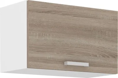 A close-up view of a kitchen cabinet door with a wood grain texture and a white side panel.