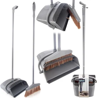 A collage of images showing a gray broom and dustpan cleaning set from different angles, including a close-up and a packaged view.