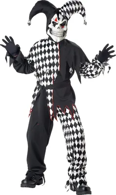A child wearing a jester costume.