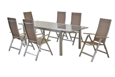 Produktbild von Merxx Gartenmöbelset Carrara 7tlg., 6 Klappsessel taupe, 1 Ausziehtisch 160/220 x 90 cm - Aluminium/Textil
