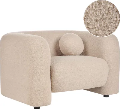 Produktbild von BELIANI Sessel Beige Bouclé-Stoffbezug Cocktailsessel mit Armlehnen Rundes Dekokissen Glamouröser Edler Stil Wohnzimmer Ausstattung