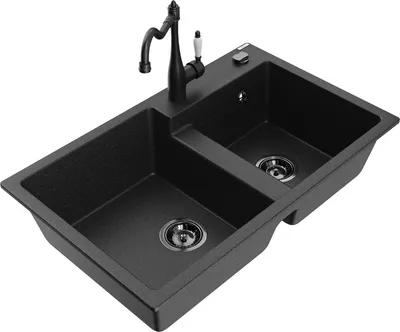 Produktbild von Mexen Tomas 2-Becken-Granitspüle mit Mischbatterie Carla, Schwarz/Silbermetallic - 6516-73-670700-70-B