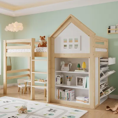 Image de Lit mezzanine Merax 90 x 200 cm avec rangement et tiroirs, lit d'enfant en forme de maison avec escalier, lit simple avec barrières de sécurité en bois massif, blanc + naturel