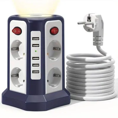 Zdjęcie produktu dla Gniazdko europejskie, stacja ładująca USB z przedłużaczem, gniazdko domofonowe z kablem i wtyczką zabezpieczającą przed porażeniem prądem.