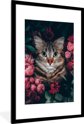 Produktbild von MuchoWow® Gerahmtes Poster Katze - Blumen - Blätter - Botanisch 60x90 cm - Poster mit Schwarzem Bilderrahmen Wandposter Rahmen Foto Bilder - Dekoration - Wandposter Wohnzimmer - Hochwertig