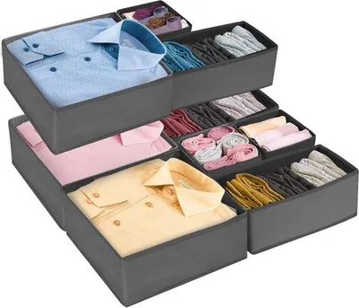 Zdjęcie produktu dla Organizer do szuflad Unyqoos® – zestaw 9 sztuk, składane pojemniki do przechowywania wykonane z grubszego materiału filcowego z zamkiem błyskawicznym, 3 rozmiary (28×28×12 / 28×12×14,5 / 14,5×14,5×12 cm) do skarpet i bielizny