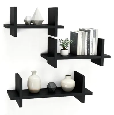 Immagine prodotto di Set di 3 mensole a muro in legno massello, design industriale, colore nero