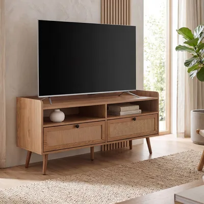 Obrázek produktu pro FineBuy Lowboard 120x56x39 cm TV komoda s dekorem dubu a ratanem TV skříň vysoká se zásuvkami TV stolek TV skříň úložný prostor TV komoda