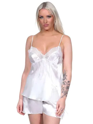 Produktbild von Damen Satin Nachtwäsche Pyjama Set Shorty Satin mit Spitze; Weiß/L/40