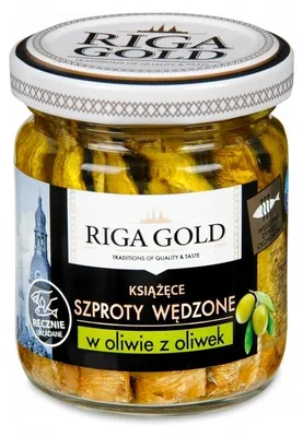 Zdjęcie produktu dla Szproty wędzone książęce w oliwie z oliwek Riga Gold 0,1 kg