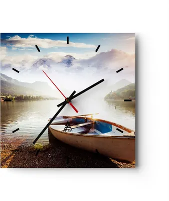 Produktbild von Wanduhr - Quadrat - Glasuhr - Berge See Boot - 30x30cm - Schleichendes Uhrwerk - Lautlos - zum Aufhängen bereit - Dekoration Modern - Wanddekoration aus Glas - C3AC30x30-3927