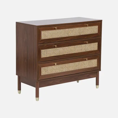 Produktbild von sweeek - Kommode Holzdekor und Rattan-Geflecht 3 Schubladen - Nussbaumfarben