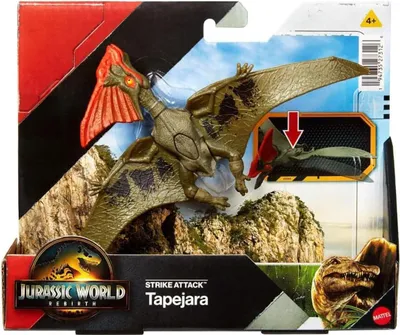 The image shows a toy dinosaur, a Tapejara, in its retail packaging. The packaging features a mountainous landscape background and graphics related to Jurassic World.