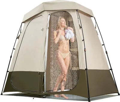 Produktbild von Duschzelt - 2-Raum Toiletten- und Umkleidezelt - Größe 250 x 122 x 218 cm - Sichtschutz - Oxford-Gewebe 150D - Mit Heringen, Seilen & Tragetasche - Für Camping & Strand - Khaki
