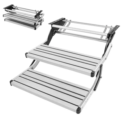 Produktbild von Einziehbare Wohnmobiltreppe - 2-stufige Teleskop-Einstiegstreppe - Bis 200 kg Tragkraft - Aluminiumlegierung - Rutschfester Stahlrahmen - Klappbar - Für Wohnwagen