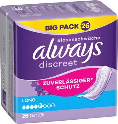 A product package for Always Discreet incontinence pads.