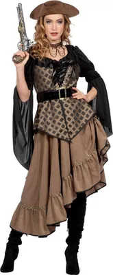 A woman dressed in a pirate costume holding a prop pistol.