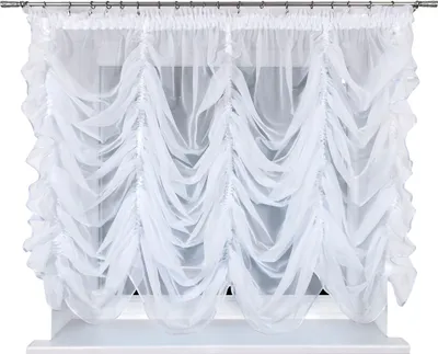 A white sheer curtain with gathered fabric hangs in front of a window.