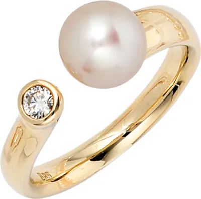 Produktbild von JOBO Damen Ring 585 Gold Gelbgold 1 Süßwasser Perle 1 Diamant Brillant 0,10ct. Größe 58