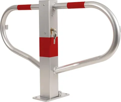 Produktbild von STIER Parkplatzabsperrung, verzinkter Stahl, umlegbar, mit Zylinderschloss (2 Schlüssel), automatisches Verschließen, Rot (Streifen), 512x775x190 mm (HxBxT), Falschparker Abwehr