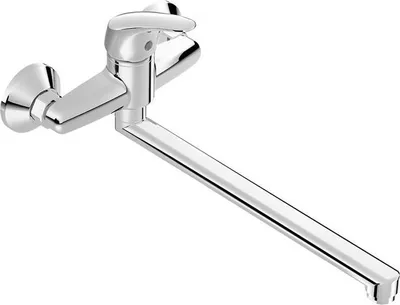 A single chrome faucet mounted on a white background.