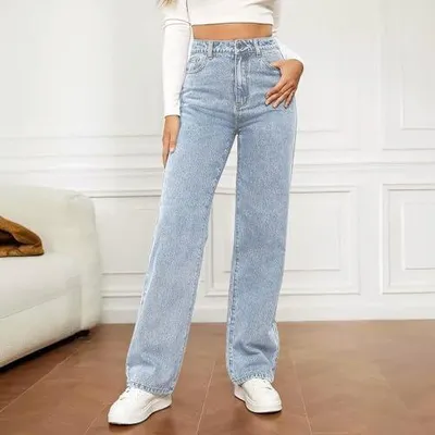 Produktbild von Damen Jeans High Waist Baggy mit Weiten Beinen Straight Leg, Stretch Schlankmachende Lockere Passform für Winter