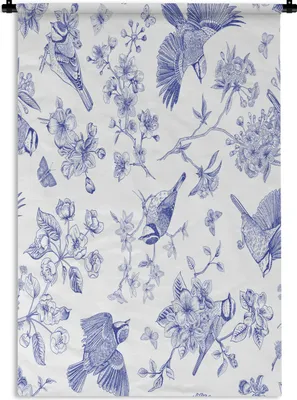 Produktbild von MuchoWow® Wandteppich Wandbehang Blumen - Vögel - Blau 90x135 cm Tapisserie Dekoration Wandtuch - Baumwolle - Wandskulptur
