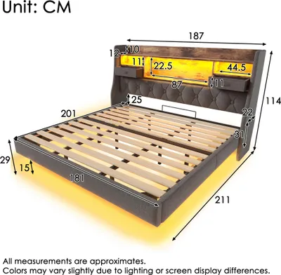 Image de Lit rembourré 180 x 200 cm lit suspendu avec LED, tête de lit, station de charge, 1 Type-C, 3 USB, tête de lit avec rangement, lin, gris