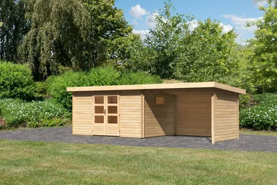 Produktbild von Gartenhaus Blockbohlenhaus Gerätehaus  Trittau 5 im Set mit Anbaudach 3,3 m+Rück-und Seitenwand naturbelassen 679x297x217 cm
