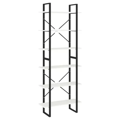 A tall, narrow bookshelf with white shelves and a black metal frame, shown against a white background.